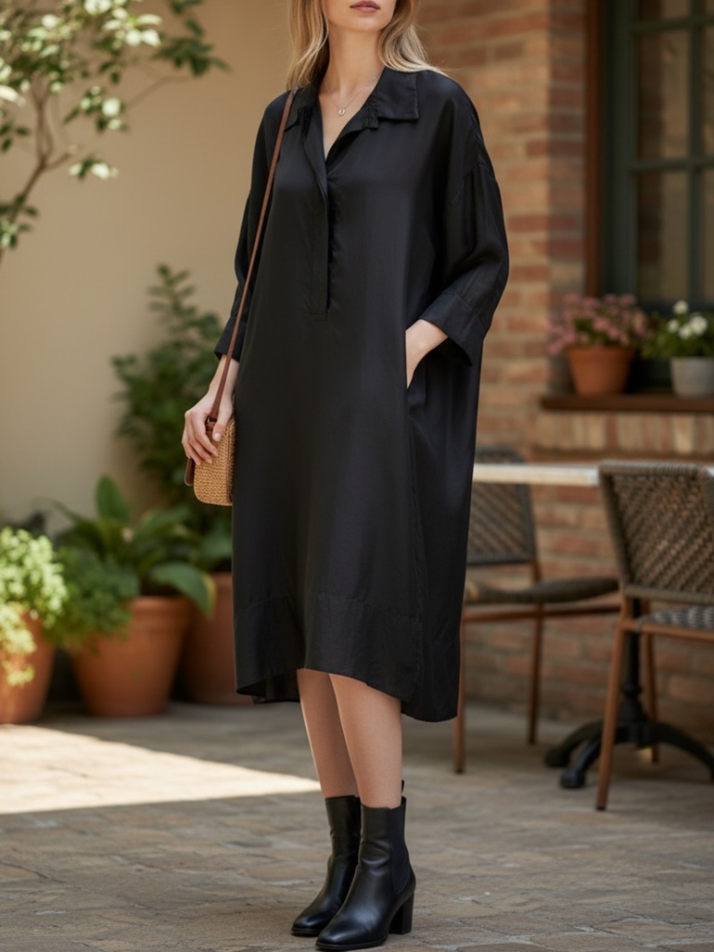 VINTAGE PURE DKNY BLACK SILK POPOVER MIDI LOOSE FIT A LINE SHIRT DRESS